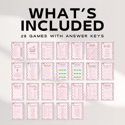 Wavy Bridal Shower &amp; Bachelorette Games | Pink &amp; Red Editable Templates