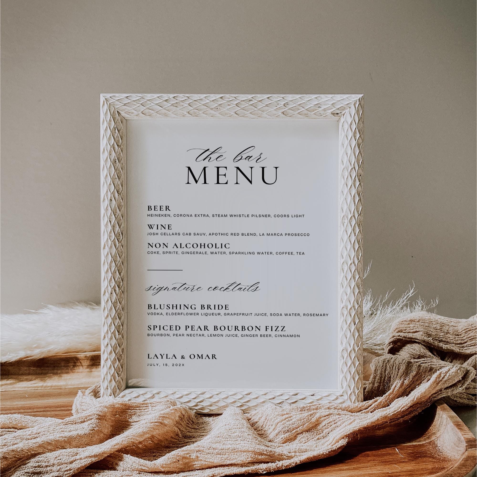Printable Wedding Bar Menu Sign Template – Modern Minimalist Bar Menu