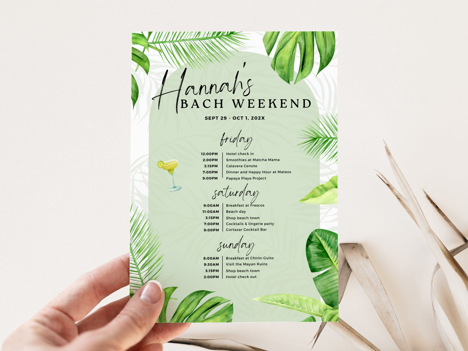 Tulum Bachelorette Itinerary Template – Tropical Weekend Schedule &amp; Invitation Canva