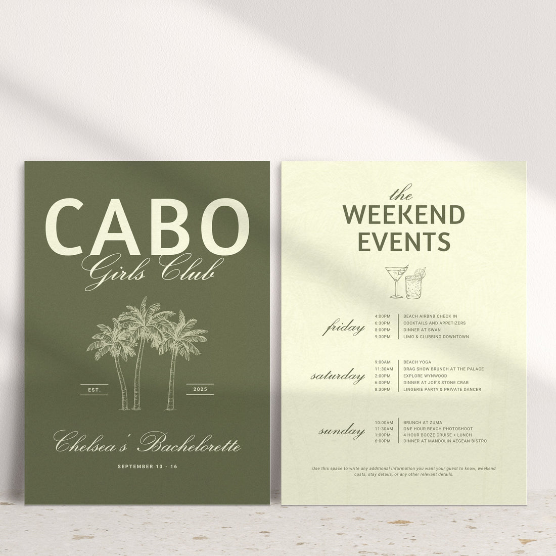 Cabo Bachelorette Invitation &amp; Weekend Itinerary – Mexico Girls Trip Canva Template