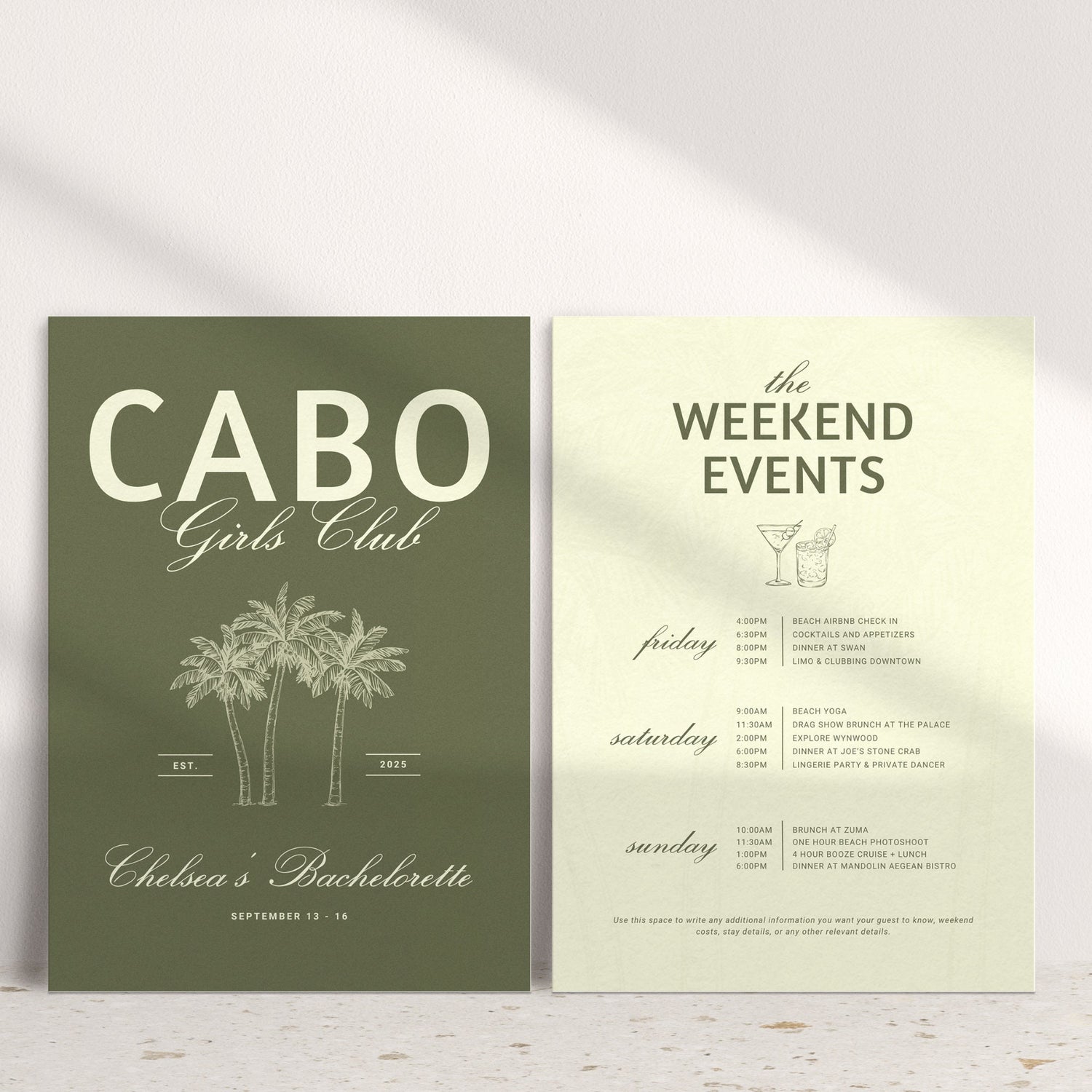 Cabo Bachelorette Invitation &amp; Weekend Itinerary – Mexico Girls Trip Canva Template