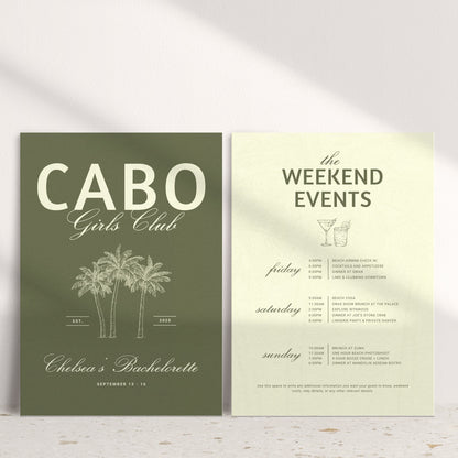 Cabo Bachelorette Invitation &amp; Weekend Itinerary – Mexico Girls Trip Canva Template