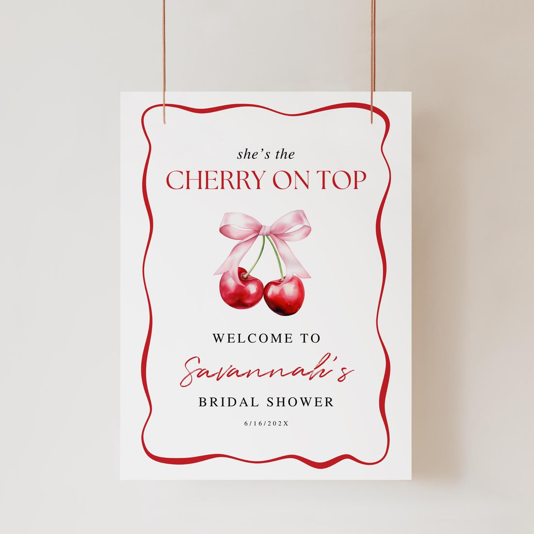 Cherry On Top Bridal Shower Welcome Sign Template – Editable Canva, Wavy Pink Cherries Design