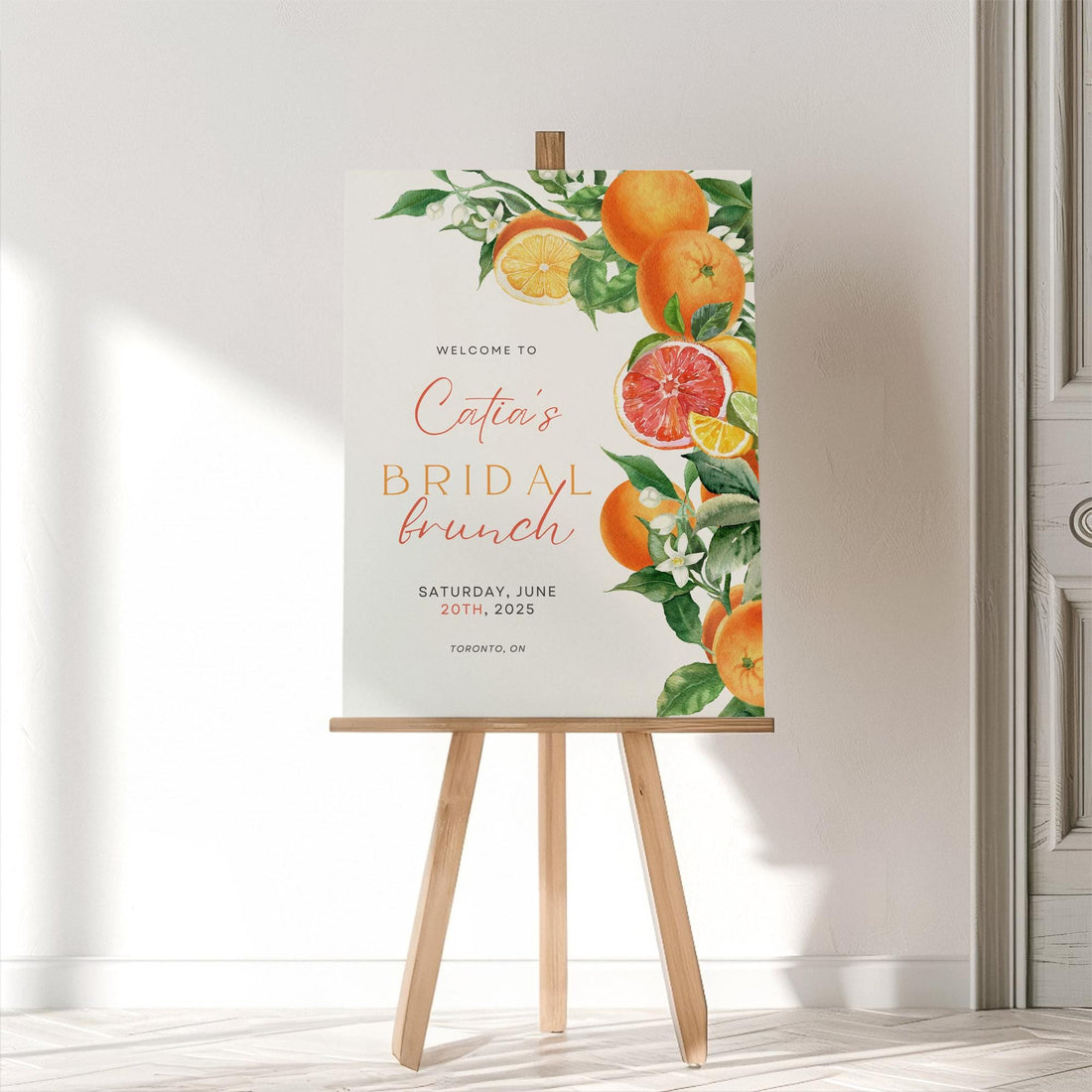 Orange Citrus Bridal Shower Sign Editable Template – “She Found Her Main Squeeze” Printable Floral Bridal Shower Decor (DIY Canva)