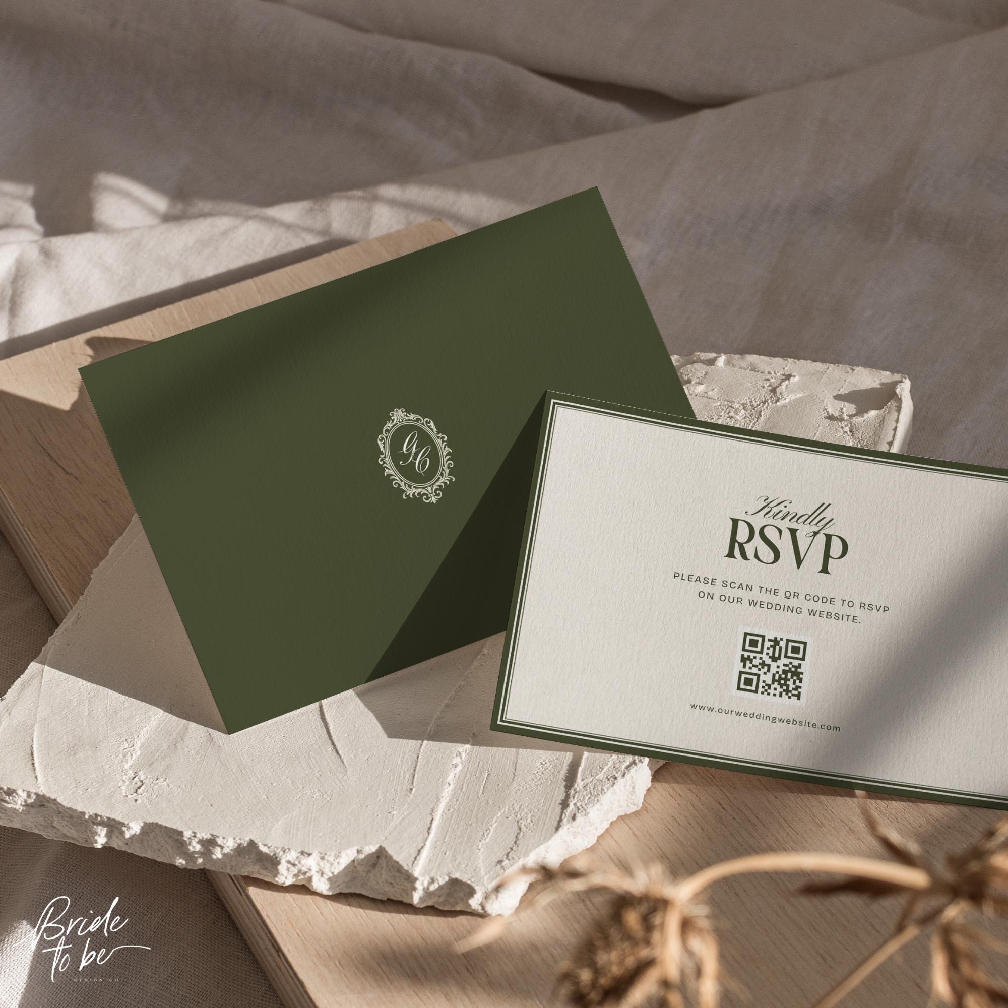 Olive Green Wedding RSVP Card Template – Old Money Canva Design with Monogram Back