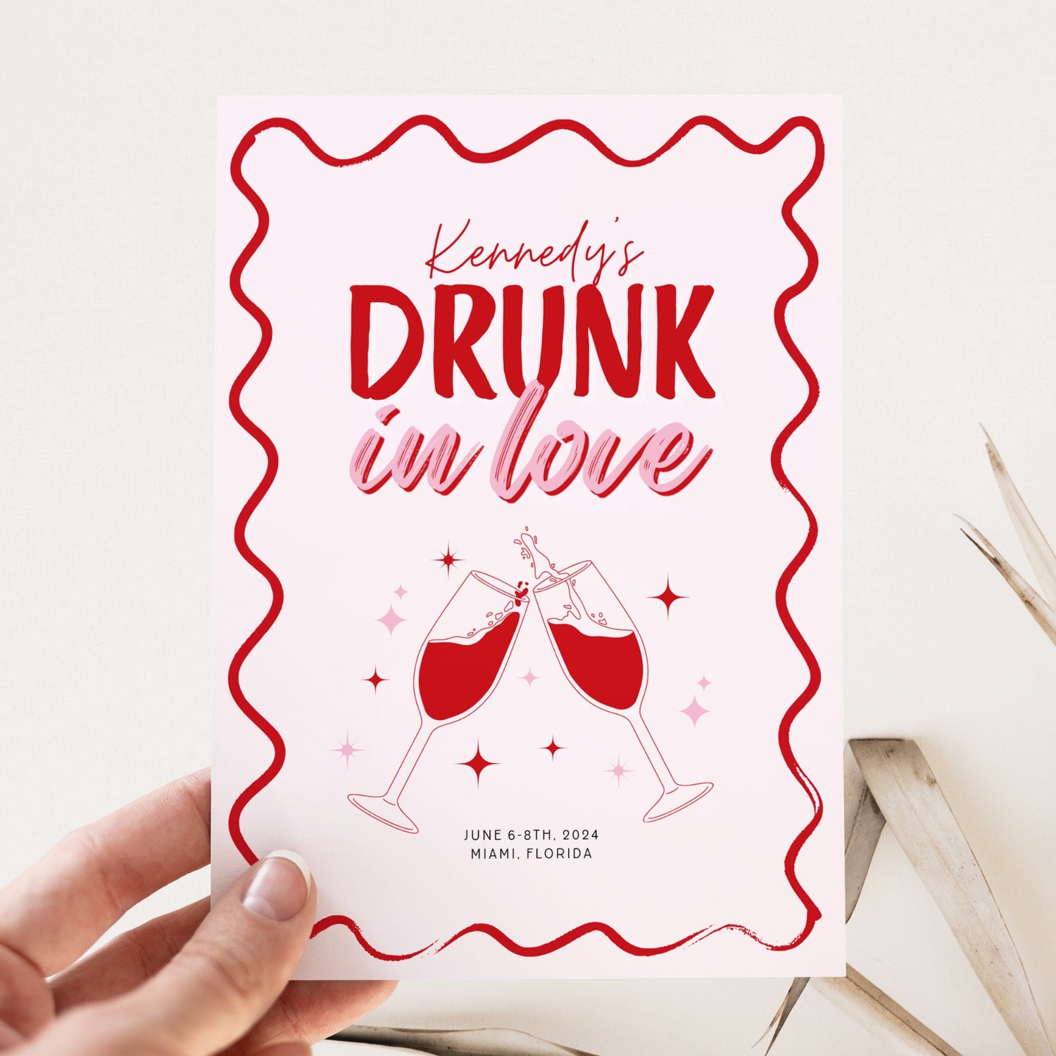 Drunk in Love Bachelorette Itinerary &amp; Invitation – Wavy Pink Girls Trip Canva Template