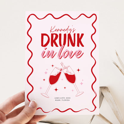 Drunk in Love Bachelorette Itinerary &amp; Invitation – Wavy Pink Girls Trip Canva Template