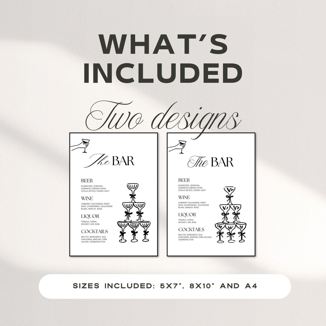 Wedding Bar Sign Template – Rehearsal Dinner Open Bar Sign &amp; Champagne Tower Menu – Editable Canva Design