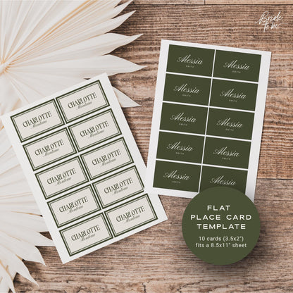 Olive Green Old Money Place Cards – Luxury Flat &amp; Folded Canva Templates