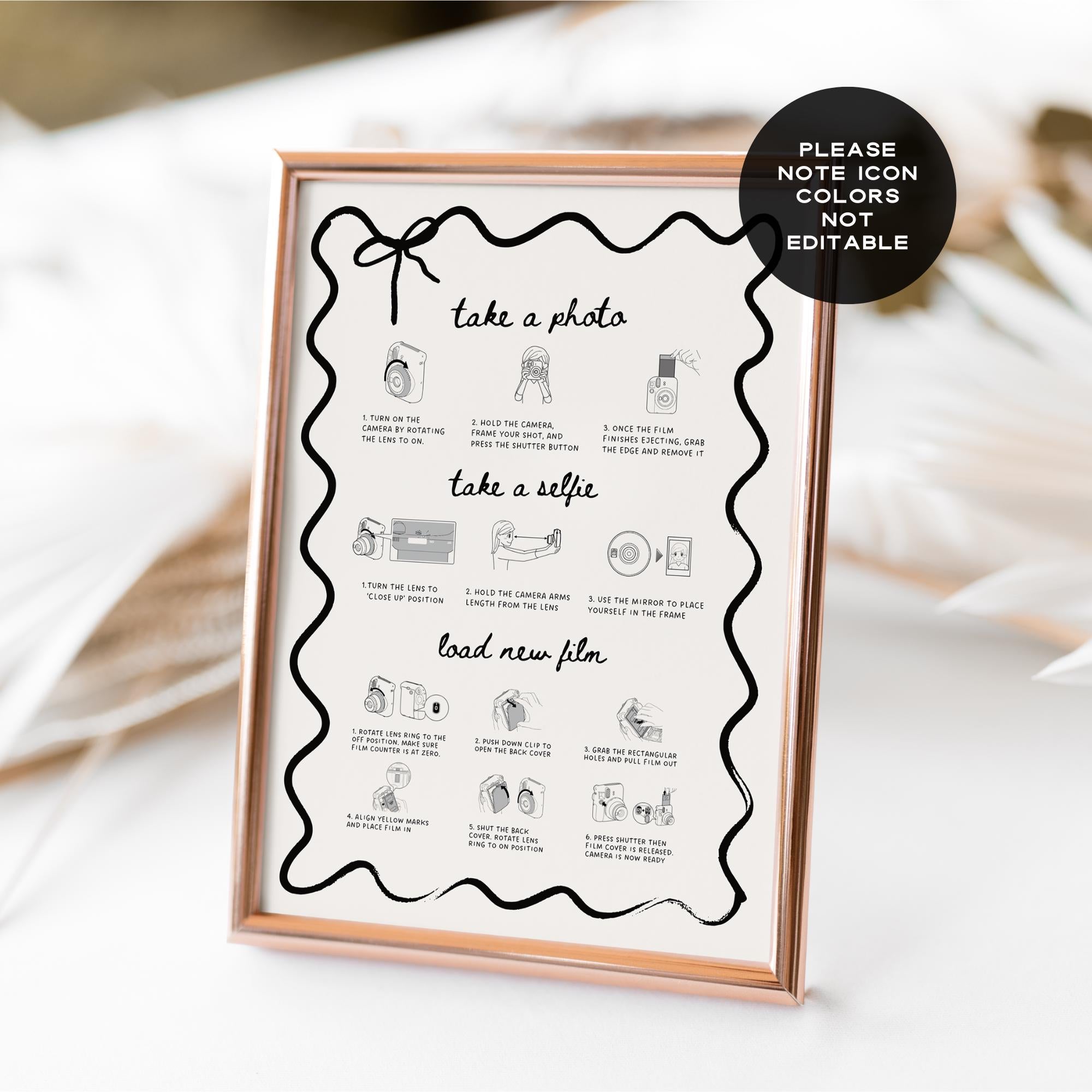 Instax Mini 12 Instructions Sign – Whimsical Polaroid Photo Guest Book Canva Template