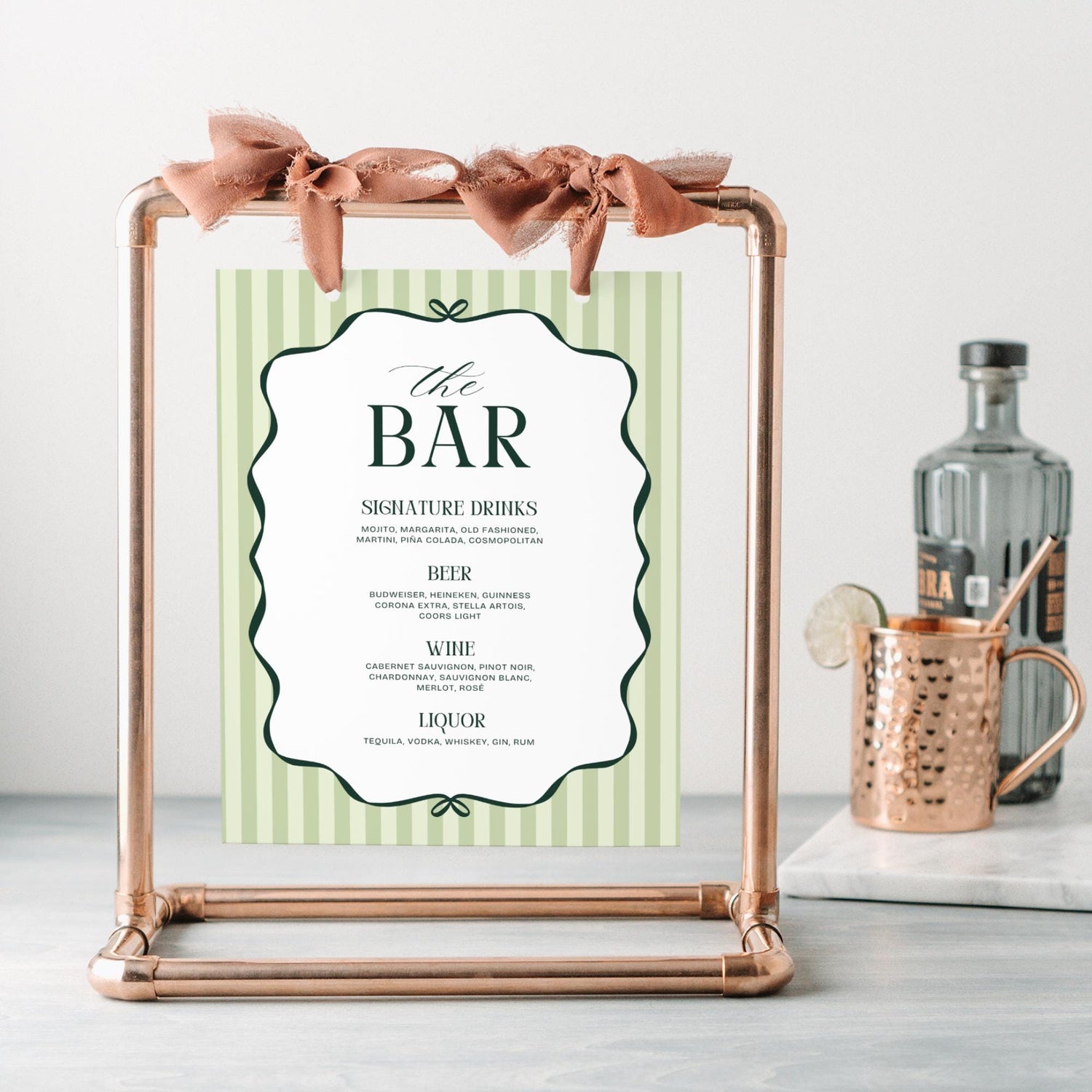 Old Money Aesthetic Bar Menu Sign – Elegant Striped Wedding Bar Sign Canva Template