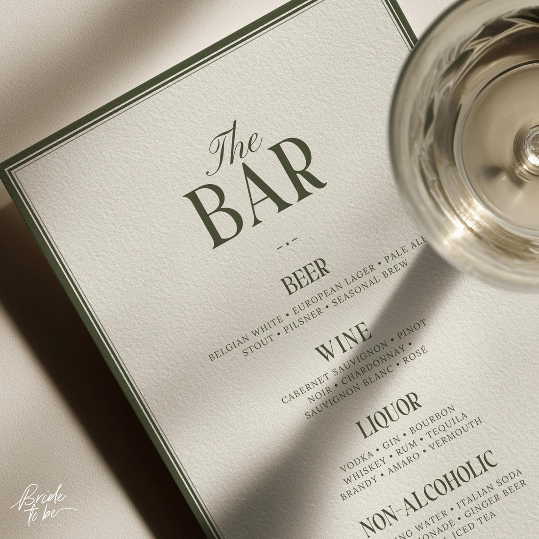 Olive Green Bar Menu Sign – Old Money Wedding Drinks List Canva Template
