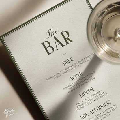 Olive Green Bar Menu Sign – Old Money Wedding Drinks List Canva Template