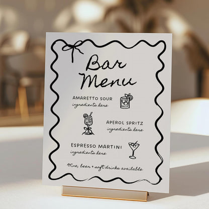 Hand-Drawn Wedding Bar Menu Sign Template – Wavy Border Open Bar Sign &amp; SVG Drink Icons (Editable Canva DIY)
