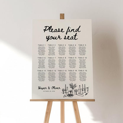 Whimsical Wedding Seating Chart Template – Hand-Drawn Editable Table Layout Canva Sign