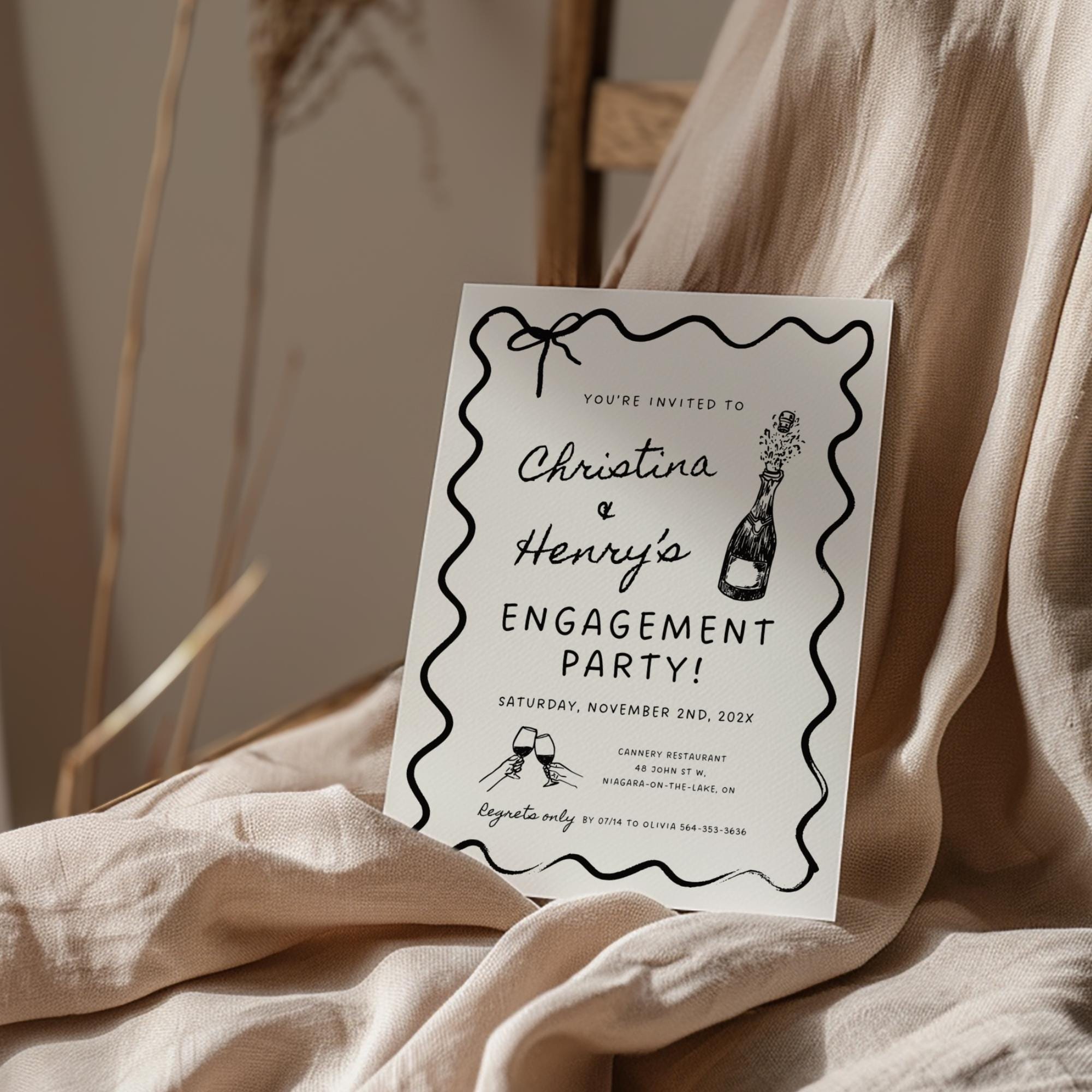 Wavy Engagement Party Invitation, Whimsical Bridal Shower Invites, Hand Drawn Style Champagne DIY Wedding Template, Wedding Invitation Card