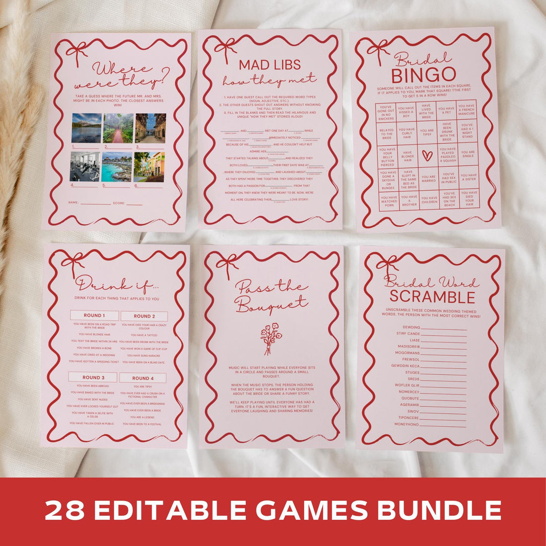 Wavy Bridal Shower &amp; Bachelorette Games | Pink &amp; Red Editable Templates