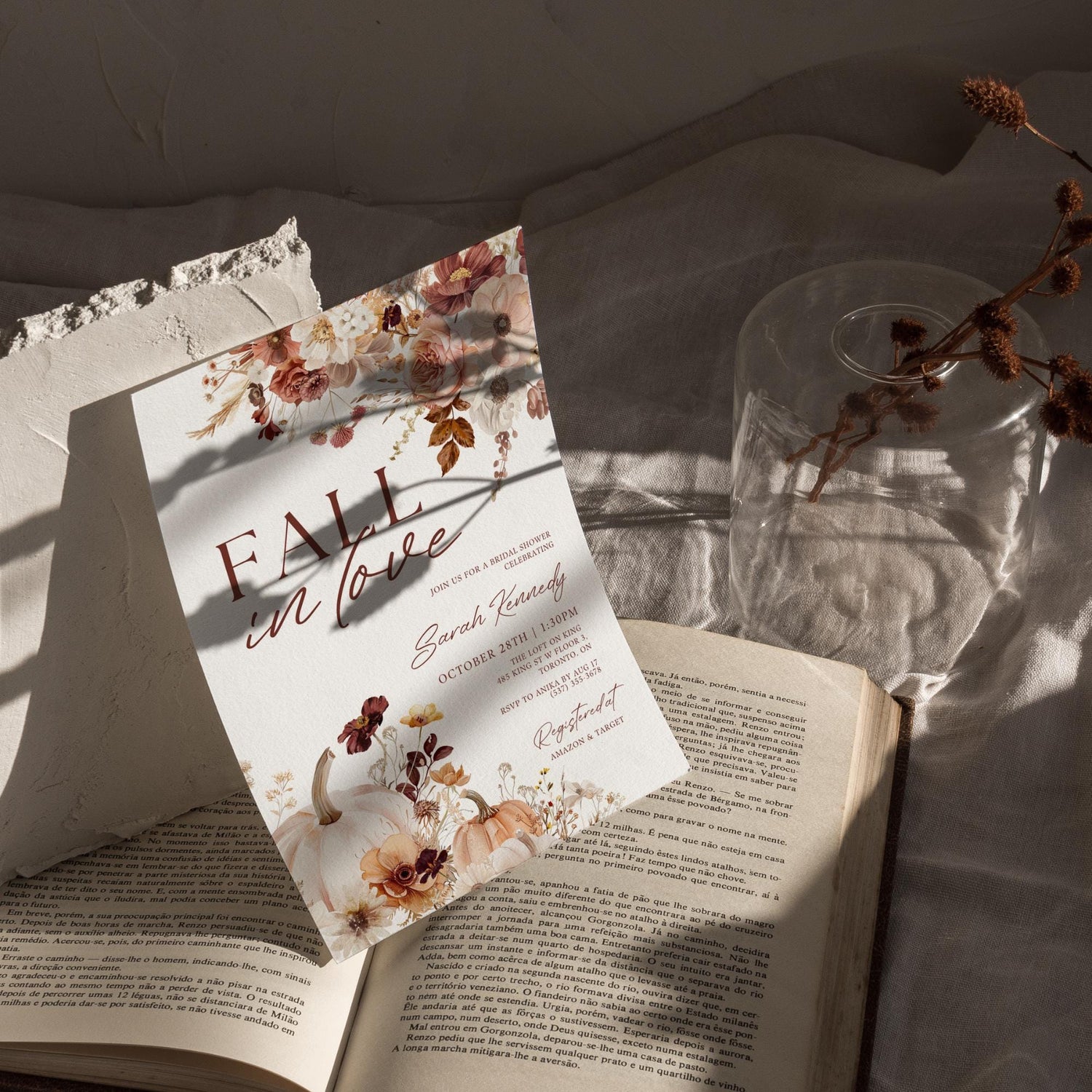 Fall In Love Bridal Shower Invitation Template, Fall Pumpkin Bridal Shower Invites, Autumn Floral Bridal Shower Invitations, Editable Canva