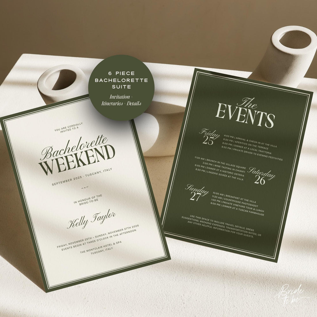 Old Money Olive Green Bachelorette Weekend Itinerary – Elegant Canva Template