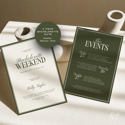 Old Money Olive Green Bachelorette Weekend Itinerary – Elegant Canva Template