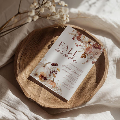 Fall In Love Bridal Shower Invitation Template, Fall Pumpkin Bridal Shower Invites, Autumn Floral Bridal Shower Invitations, Editable Canva