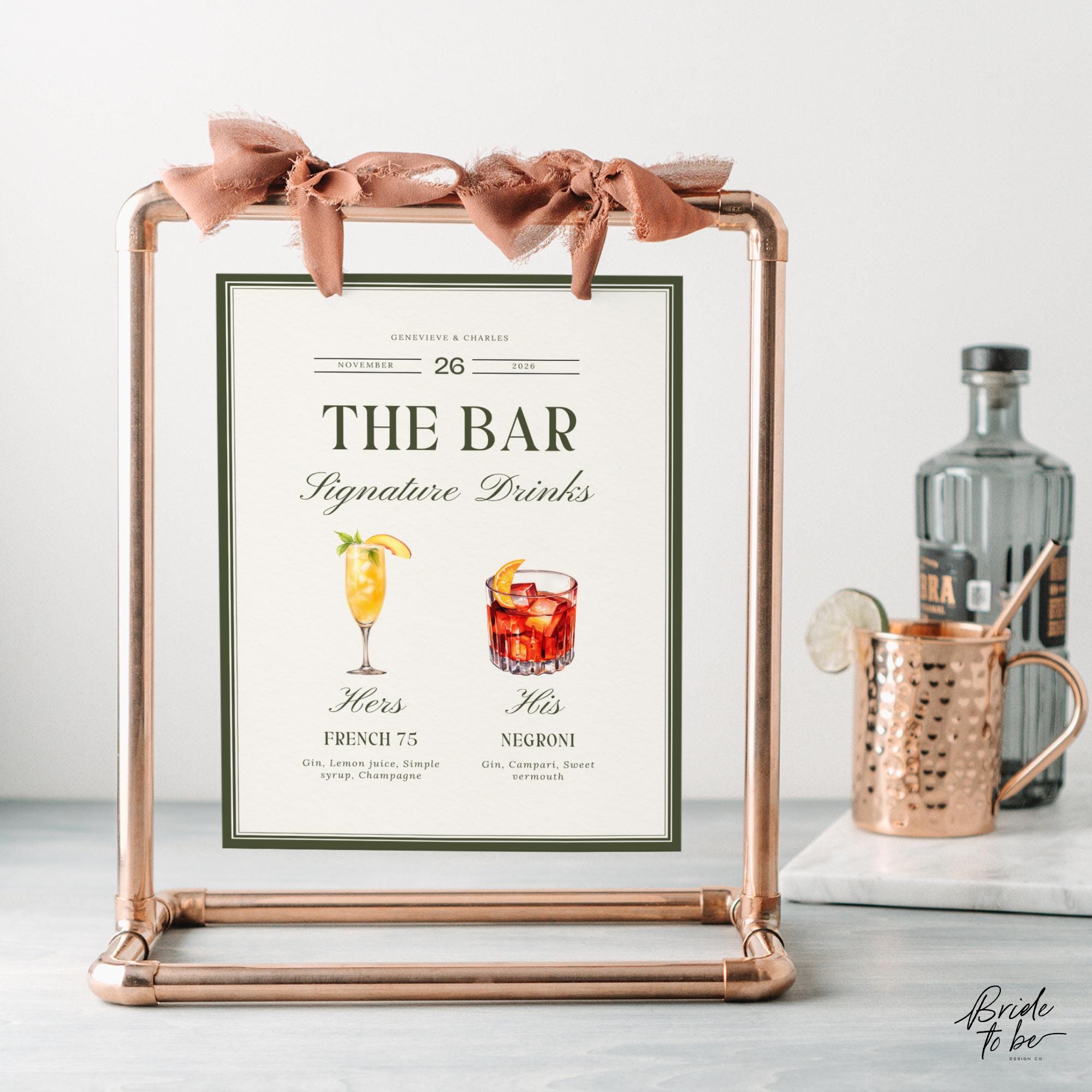 Old Money Olive Green Signature Drinks Sign – Classic Wedding Bar Canva Template