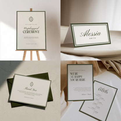 Olive Green Old Money Wedding Stationery Bundle – Elegant Luxury Canva Templates – Complete Wedding Suite