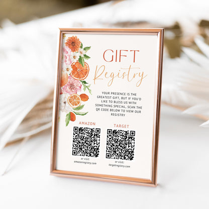 Citrus Gift Registry Bridal Shower Sign Template – Editable Wedding Registry QR Code Sign, Floral Citrus Shower Sign Canva Template