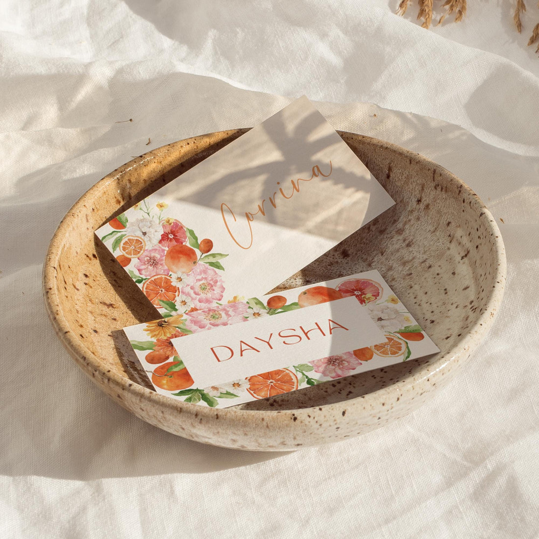 Citrus Bridal Shower Place Cards – Editable Watercolor Floral Table Name Cards Canva Template