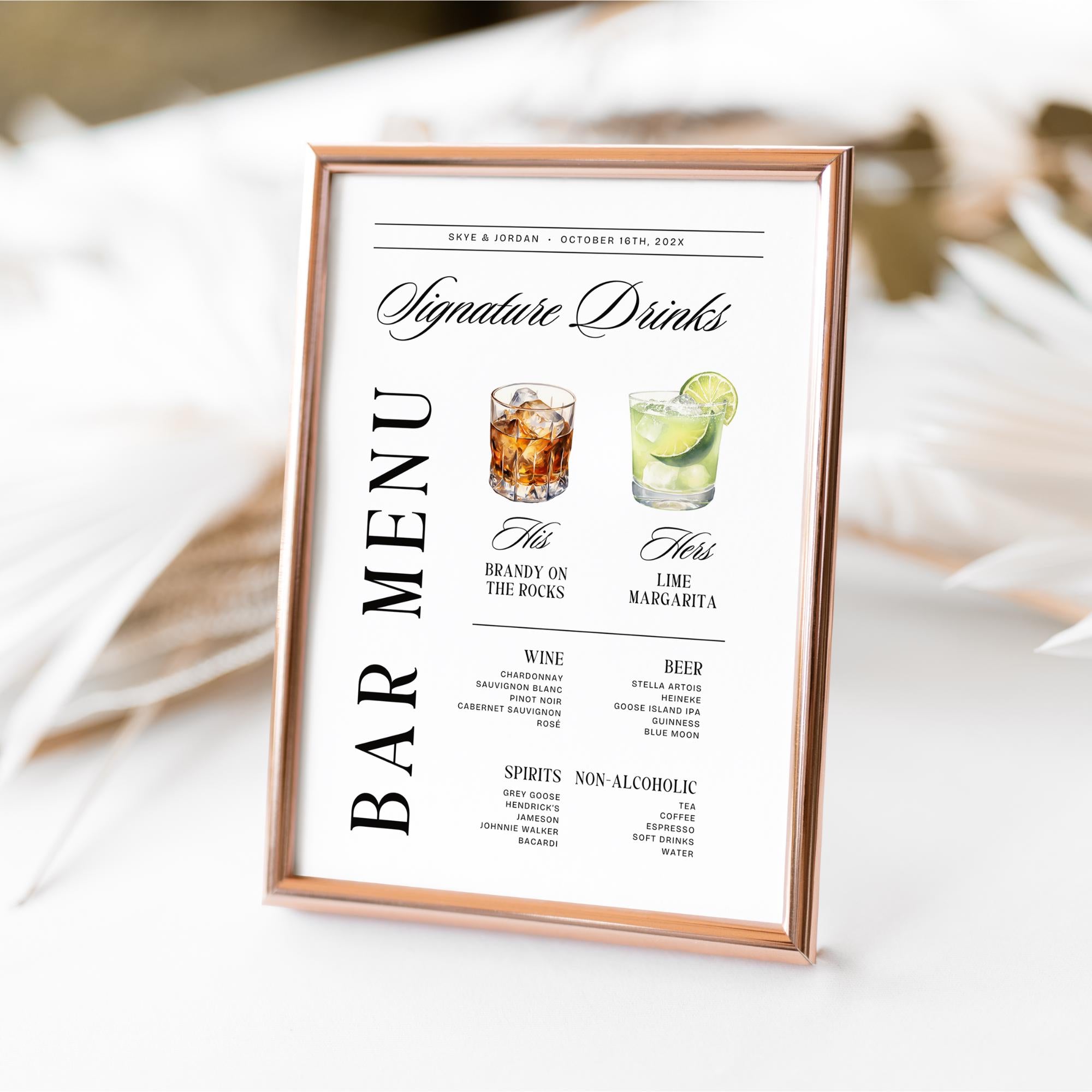 Signature Drink Sign – Old Money Wedding Bar Menu Template, His &amp; Hers Cocktail Canva DIY
