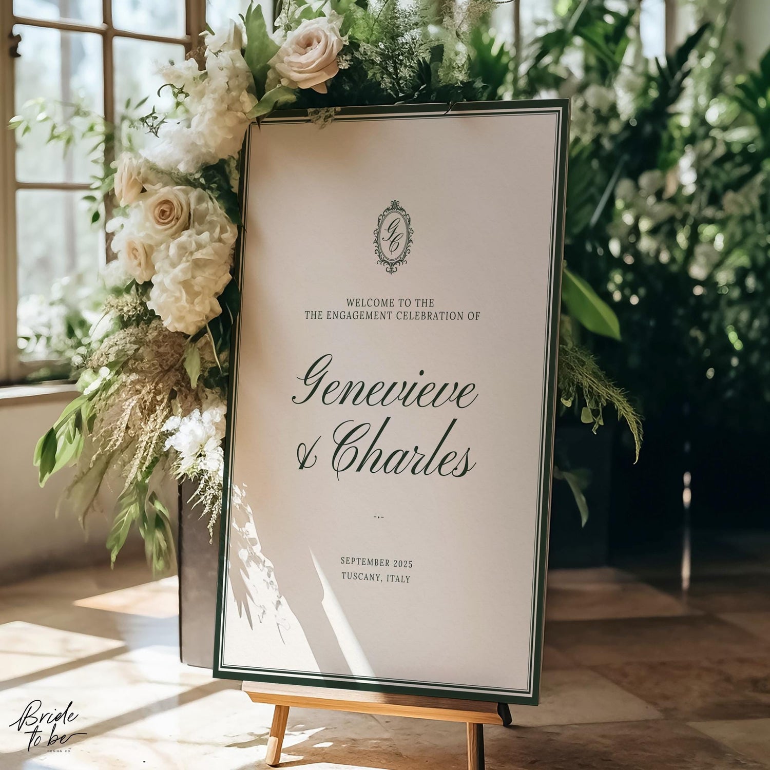 Forest Green Engagement Party Welcome Sign – Elegant Old Money Canva Template