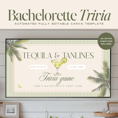 Tequila &amp; Tanlines Bachelorette Trivia Game – Beach Canva Party Game