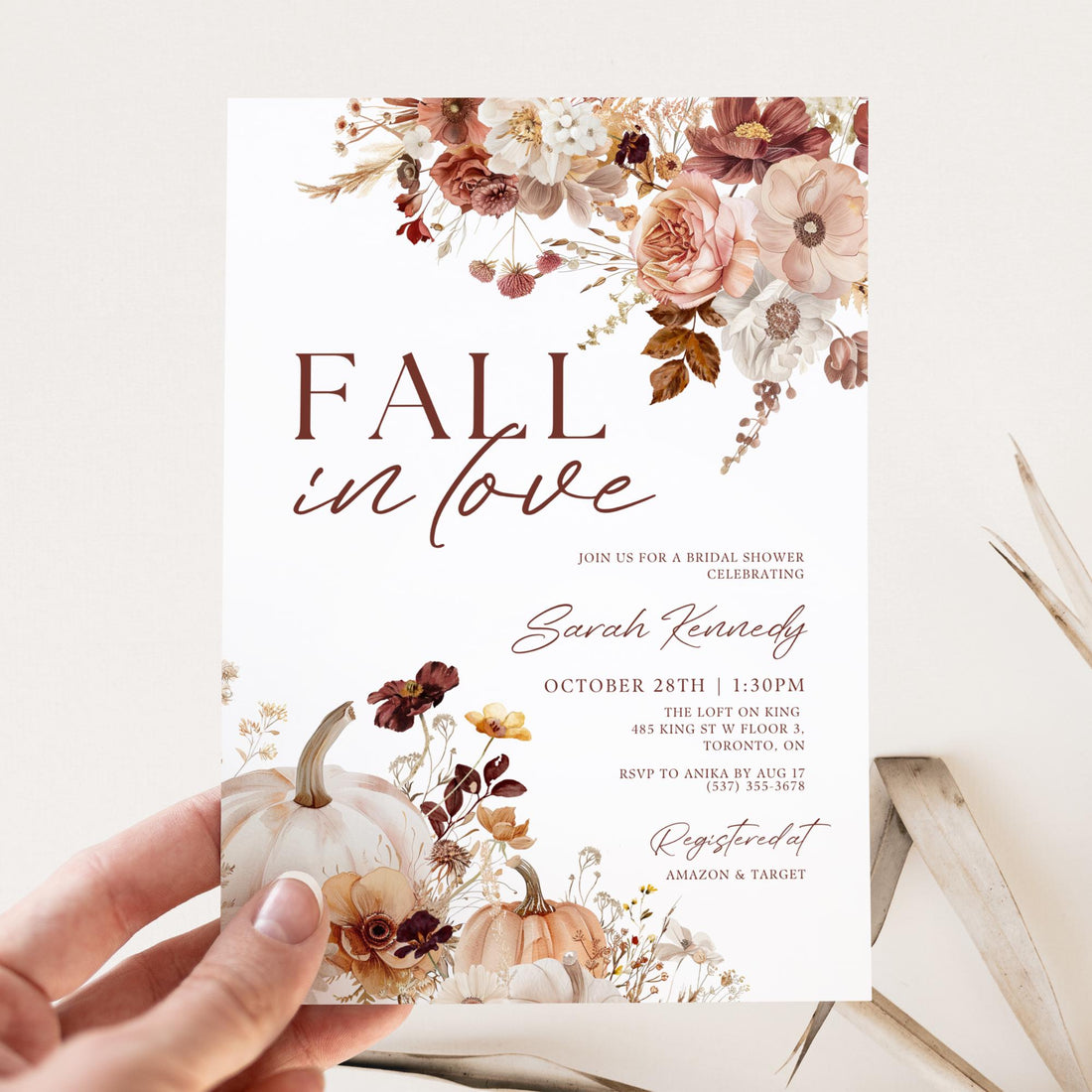Fall In Love Bridal Shower Invitation Template, Fall Pumpkin Bridal Shower Invites, Autumn Floral Bridal Shower Invitations, Editable Canva