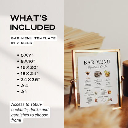 Modern Signature Drinks Sign – His &amp; Hers Bar Menu with Pet Cocktail Illustration Canva Template