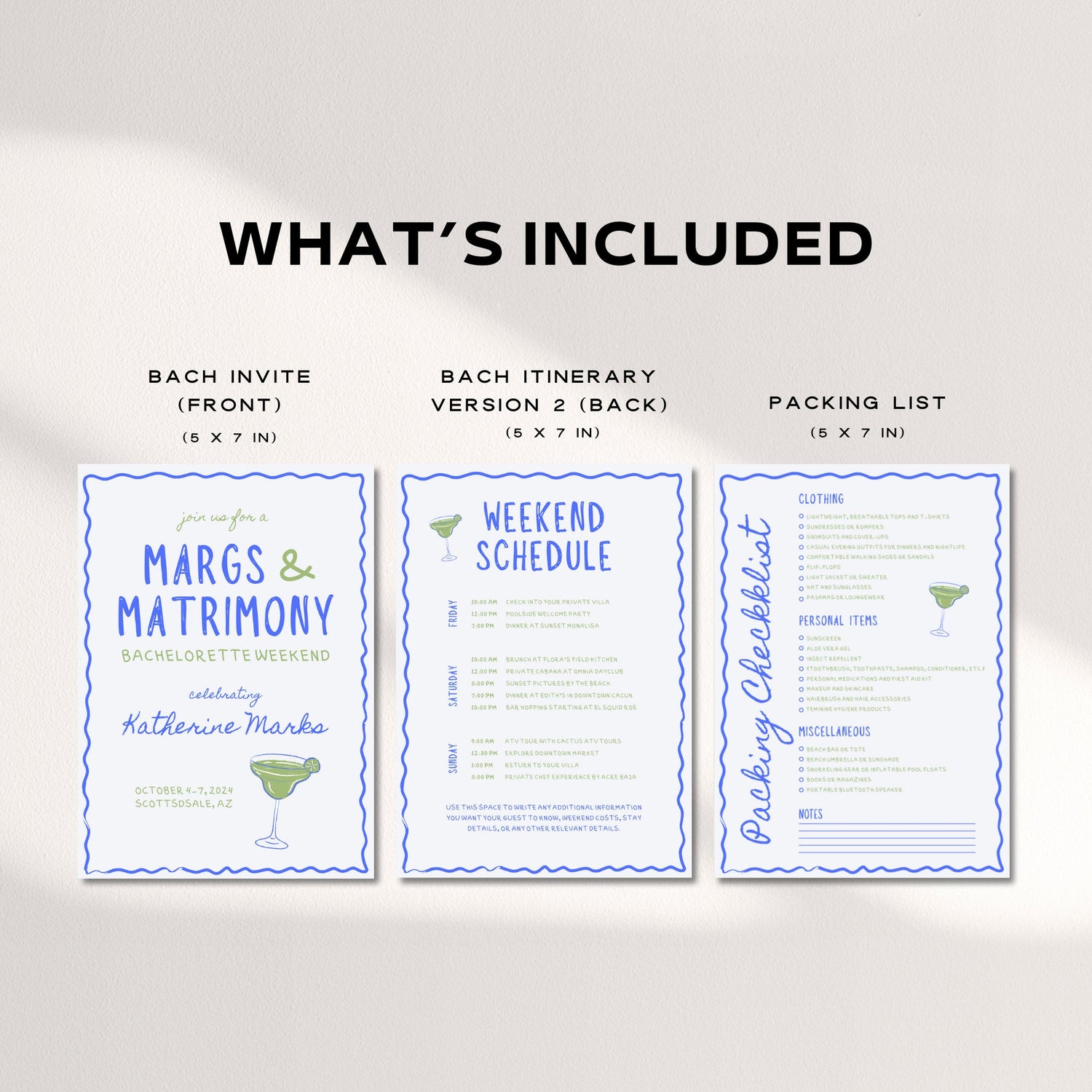 Wavy Margs and Matrimony Bachelorette Invitation &amp; Itinerary – Editable Canva Template
