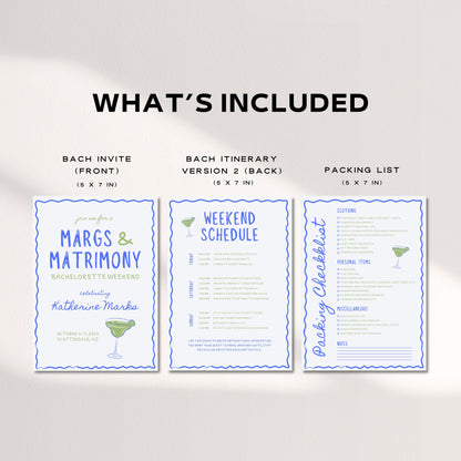 Wavy Margs and Matrimony Bachelorette Invitation &amp; Itinerary – Editable Canva Template