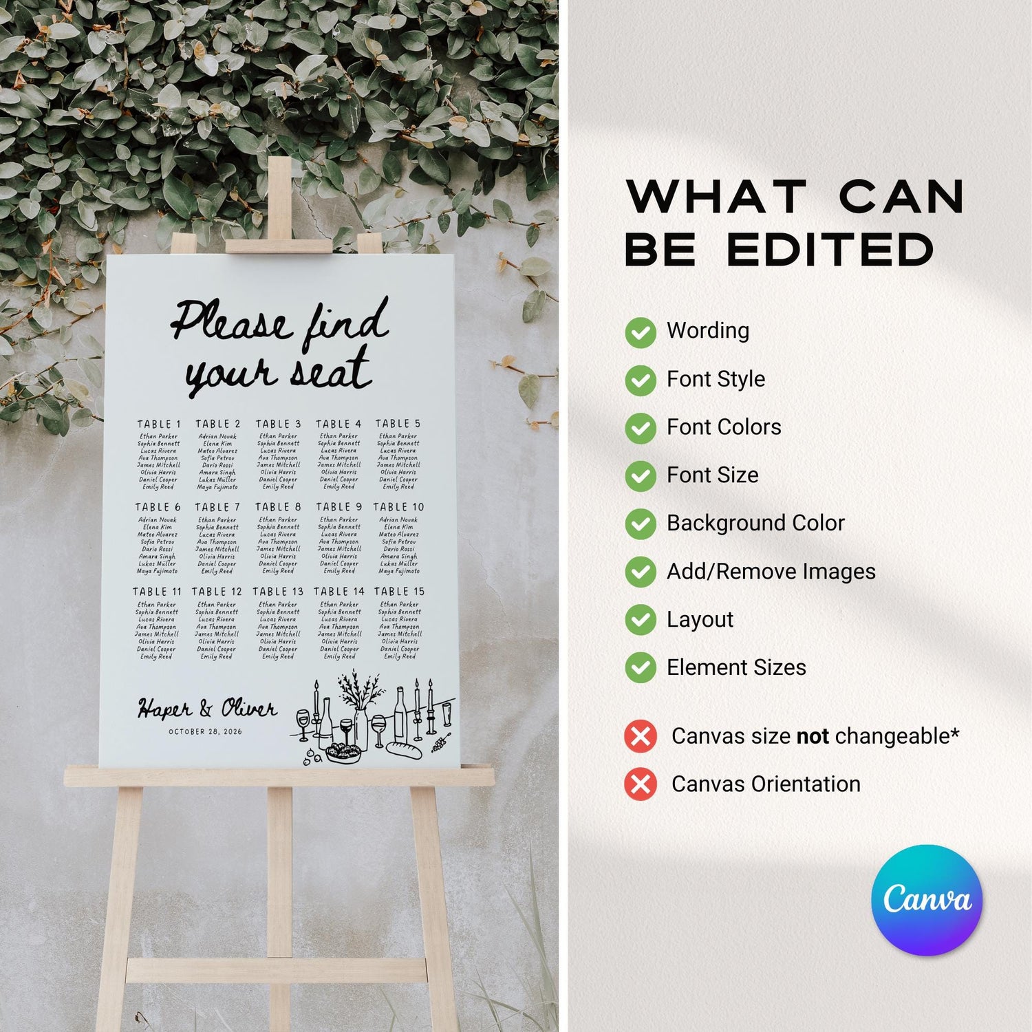 Whimsical Wedding Seating Chart Template – Hand-Drawn Editable Table Layout Canva Sign