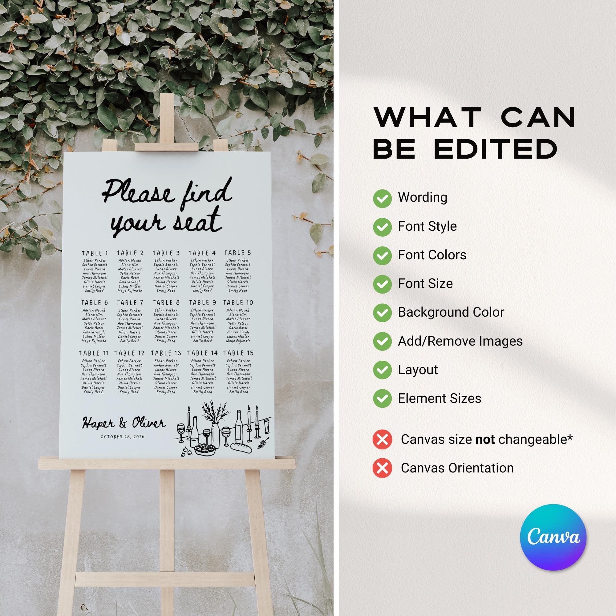 Whimsical Wedding Seating Chart Template – Hand-Drawn Editable Table Layout Canva Sign