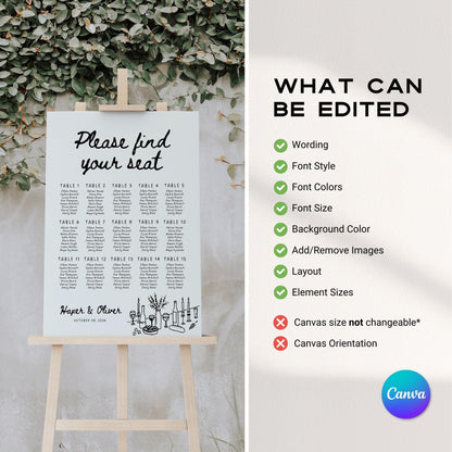 Whimsical Wedding Seating Chart Template – Hand-Drawn Editable Table Layout Canva Sign