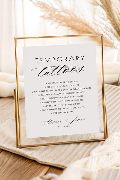 Minimal Temporary Tattoo Station Table Sign, Editable Wedding Reception Sign Template, Wedding Party Decor, Custom Temporary Tattoo Canva