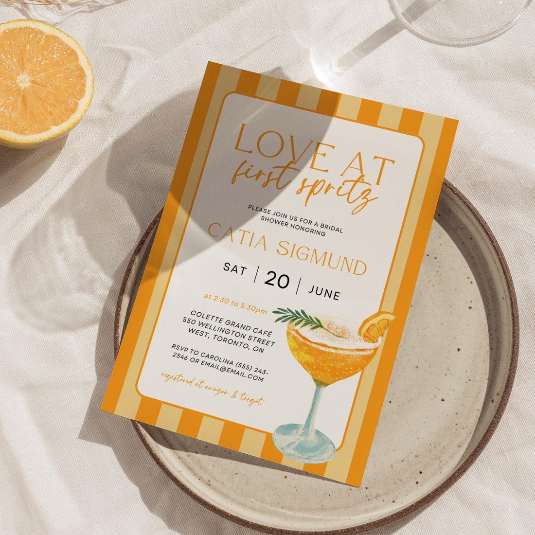 Love At First Spritz Bridal Shower Invitation – Editable Aperol Spritz Bridal Brunch Canva Template