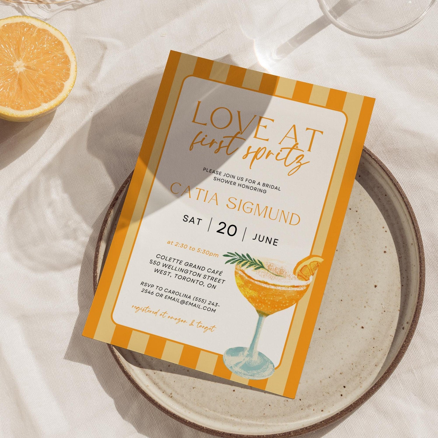 Love At First Spritz Bridal Shower Invitation – Editable Aperol Spritz Bridal Brunch Canva Template