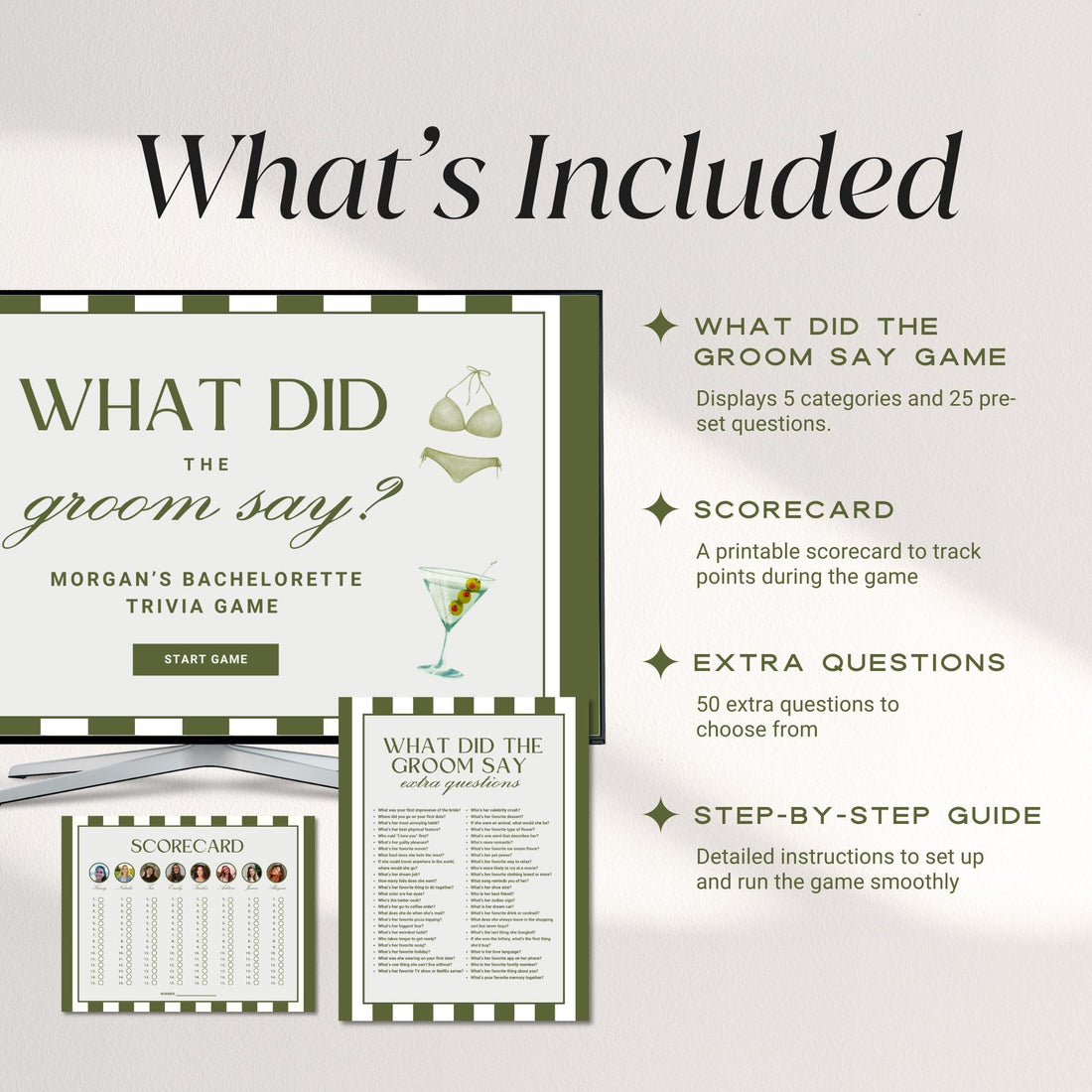 What Did The Groom Say Bachelorette Trivia Game, Bach Drinking Game Hens Party, Bikinis and Martinis Bache, Guess Who Said It Game Canva DIY