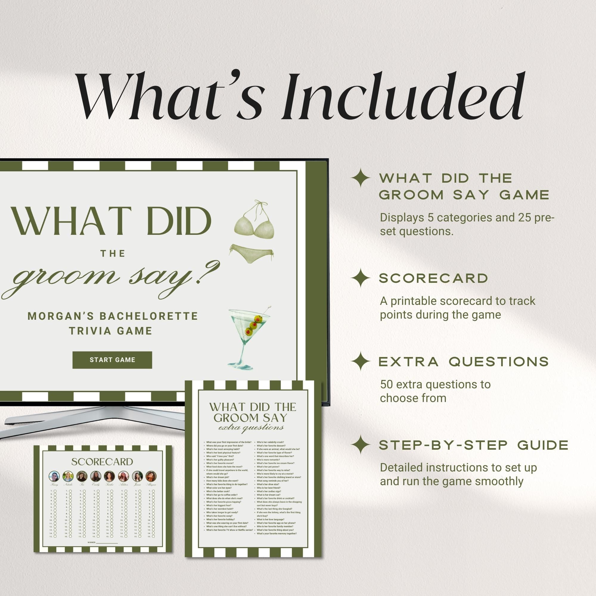 What Did The Groom Say Bachelorette Trivia Game, Bach Drinking Game Hens Party, Bikinis and Martinis Bache, Guess Who Said It Game Canva DIY