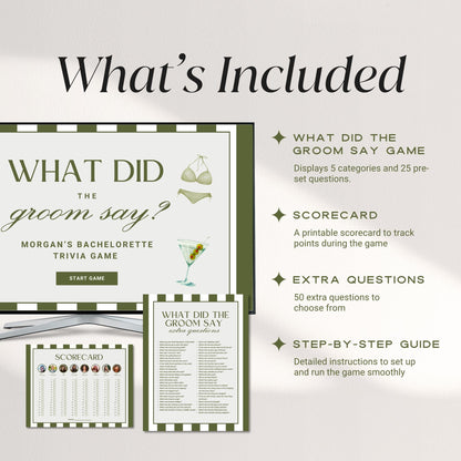 What Did The Groom Say Bachelorette Trivia Game, Bach Drinking Game Hens Party, Bikinis and Martinis Bache, Guess Who Said It Game Canva DIY