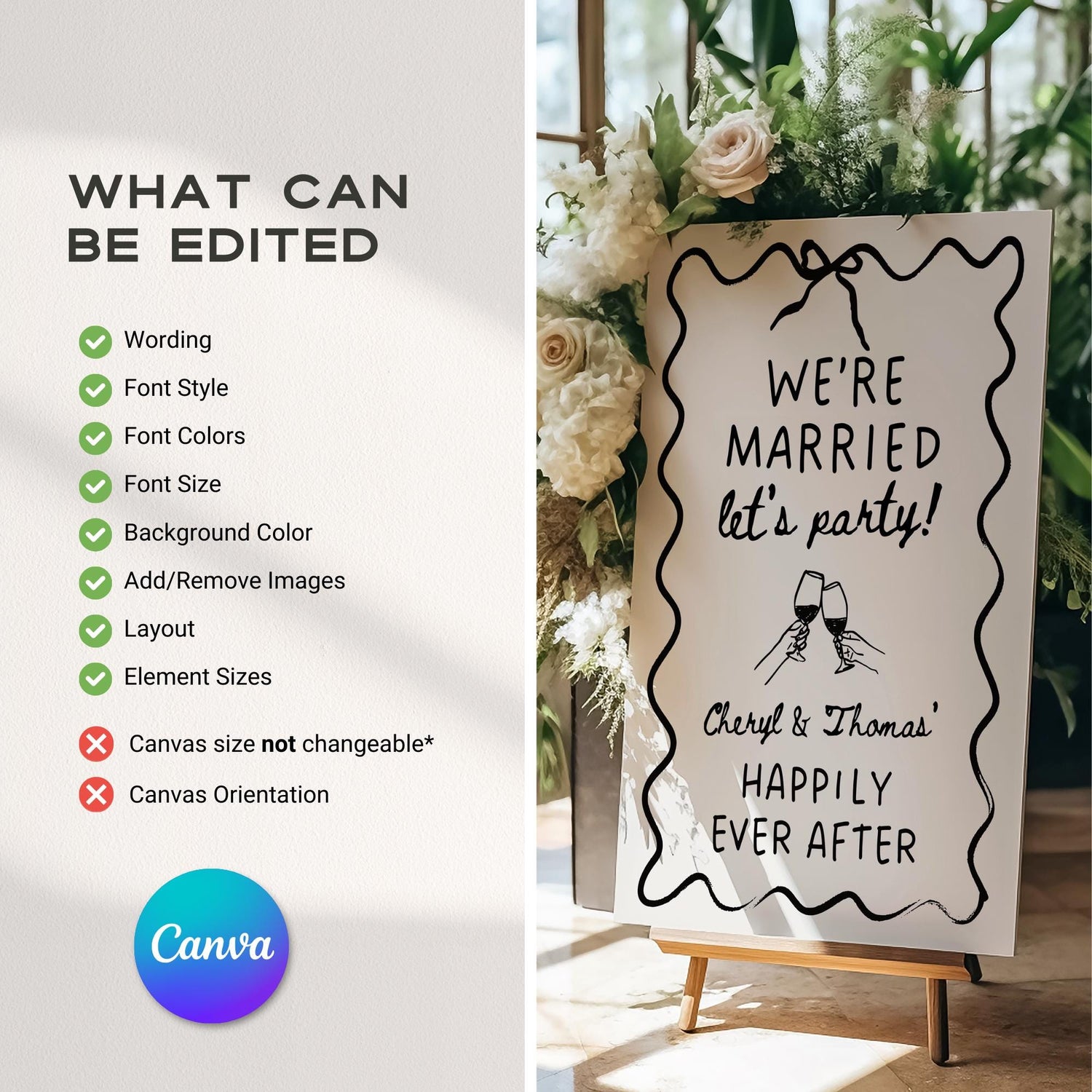 Wavy Engagement Party Welcome Sign – Whimsical Hand-Drawn Wedding Sign Canva Template