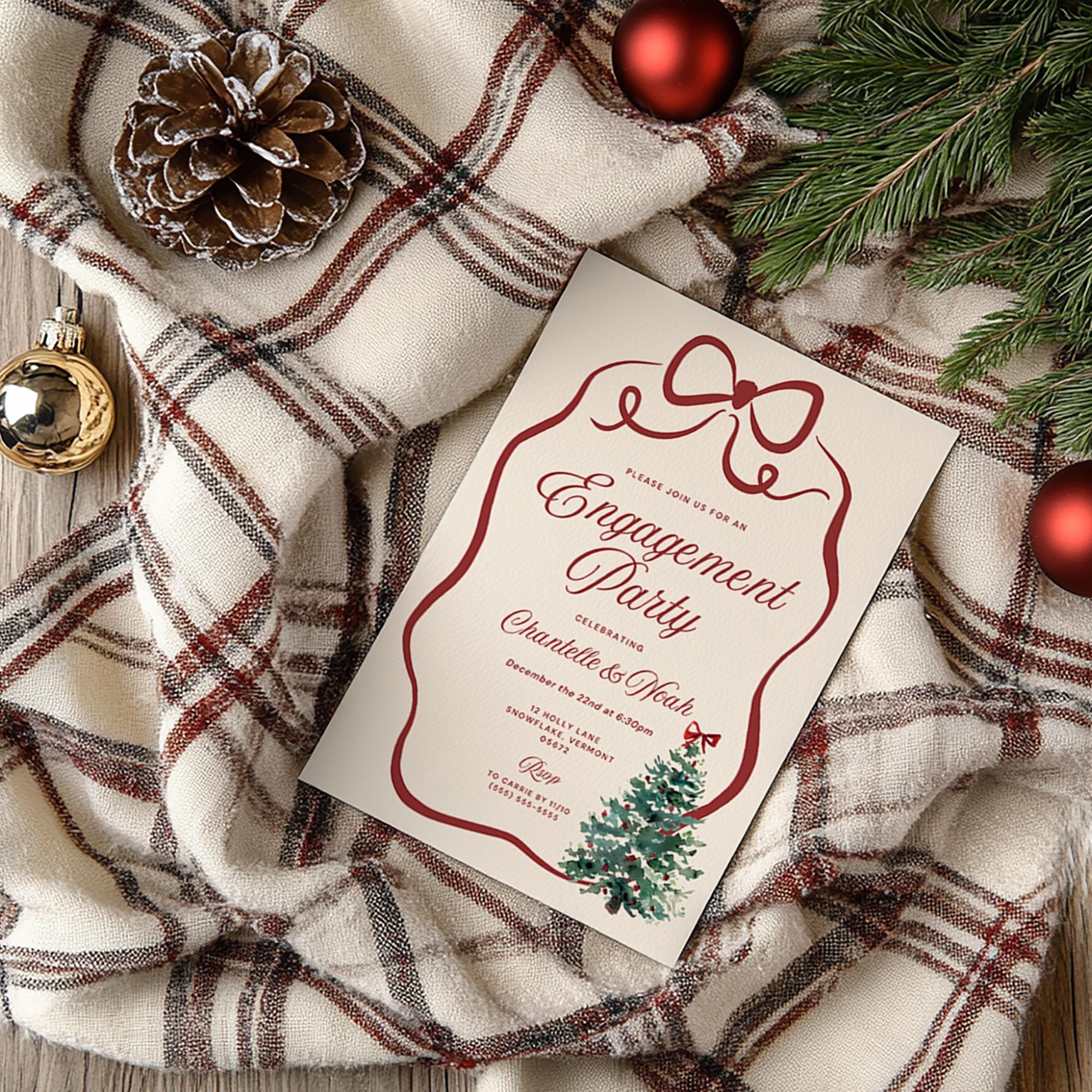 Christmas Engagement Party Invitation – Wavy Bow Watercolor Tree Canva Template DIY