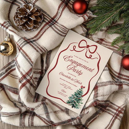 Christmas Engagement Party Invitation – Wavy Bow Watercolor Tree Canva Template DIY