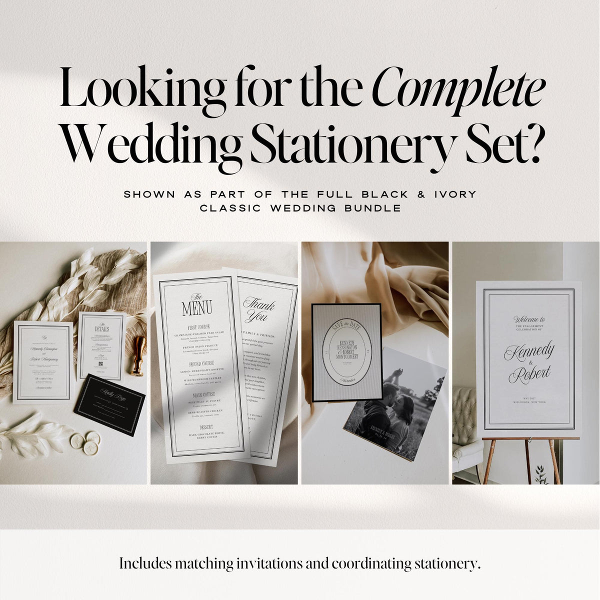 Black &amp; Ivory Wedding Bar Menu Sign | Elegant Canva Template