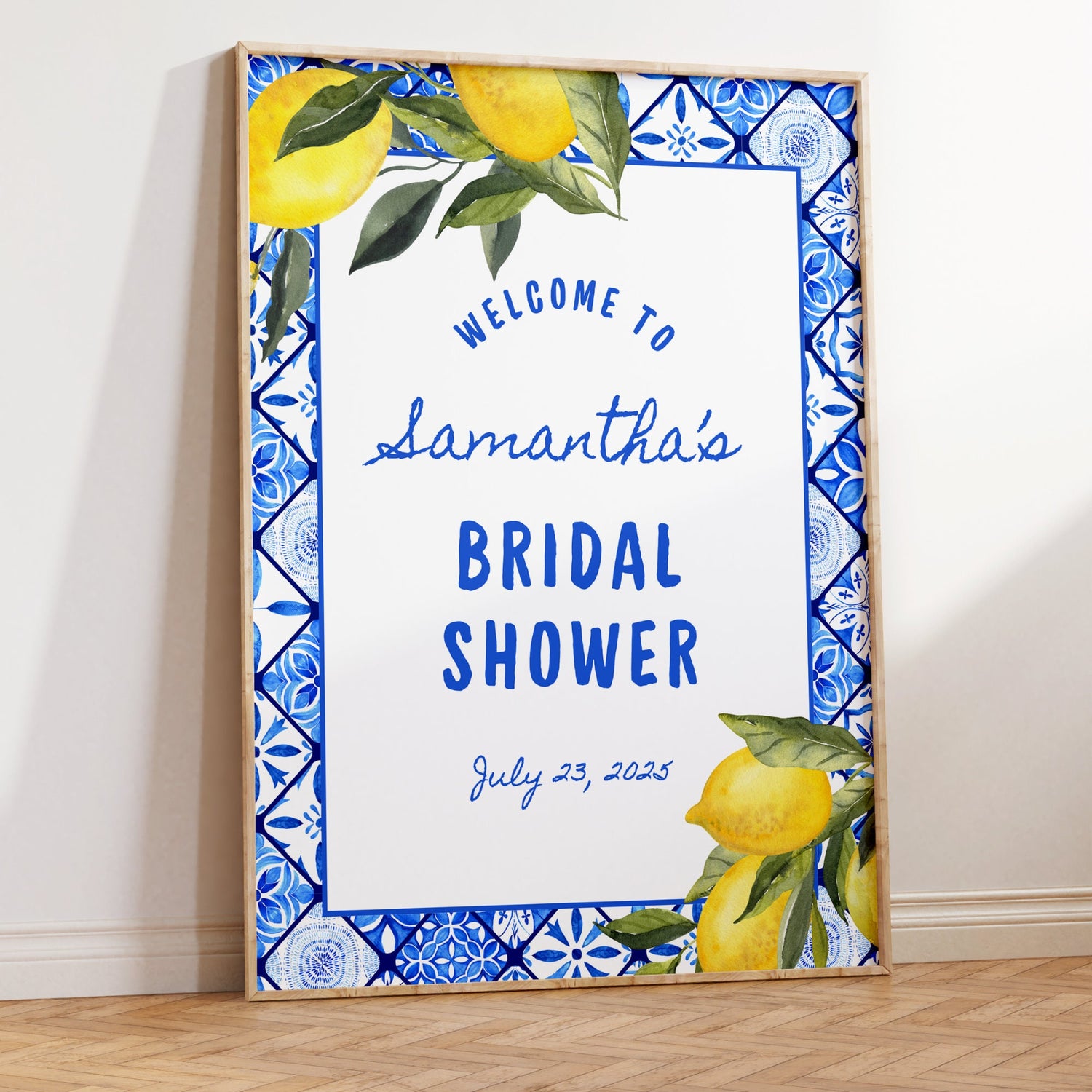 Blue Tile Italian Lemon Bridal Shower Welcome Sign – Editable Canva Bridal Shower Decor